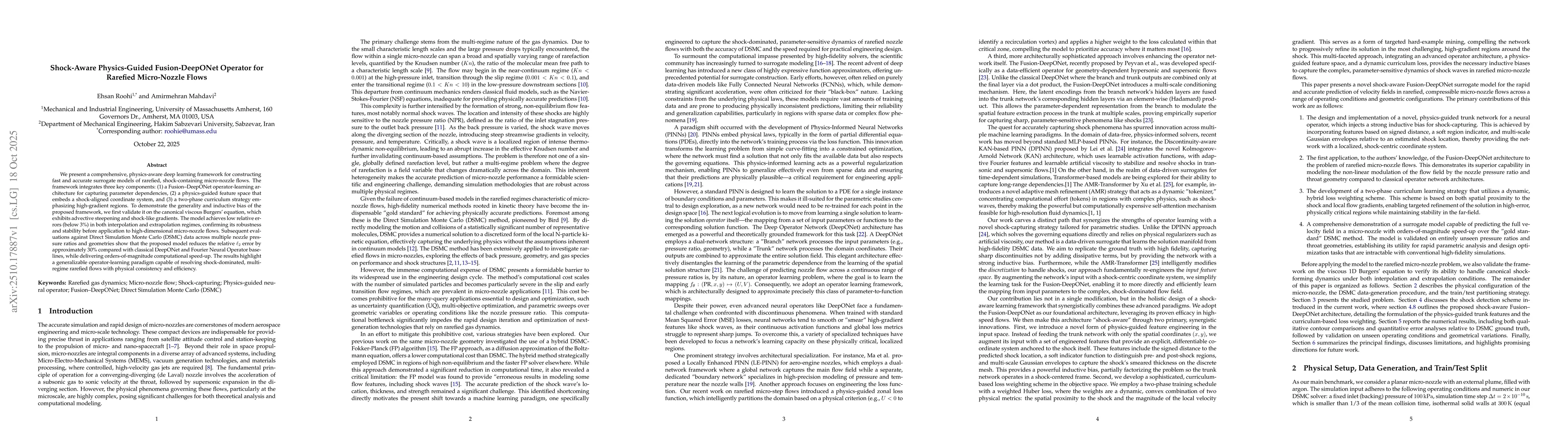 Thumbnail for Shock-Aware Physics-Guided Fusion-DeepONet Operator for Rarefied
  Micro-Nozzle Flows