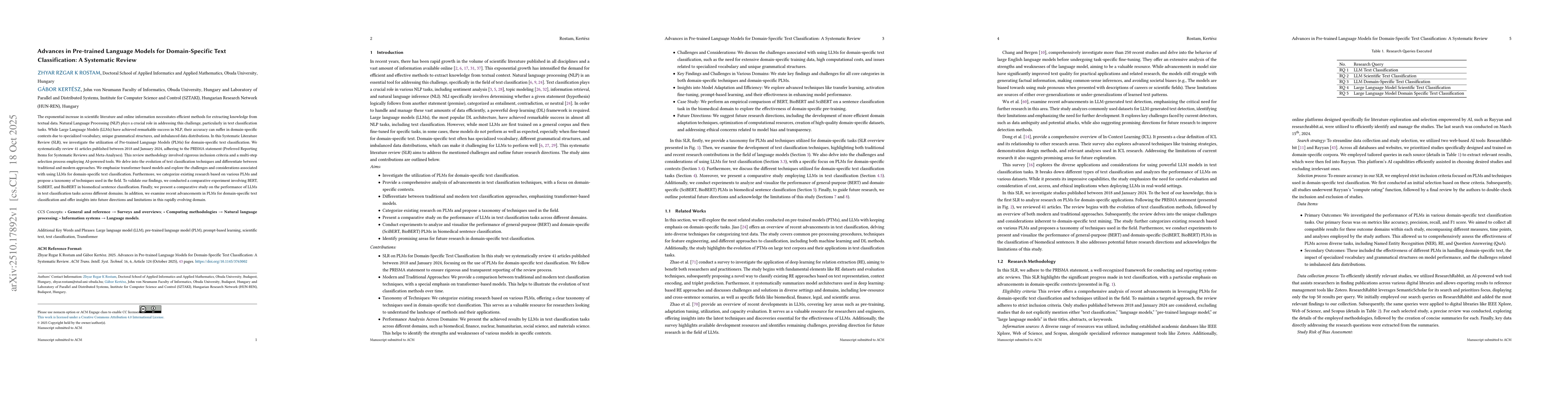 Thumbnail for Advances in Pre-trained Language Models for Domain-Specific Text
  Classification: A Systematic Review