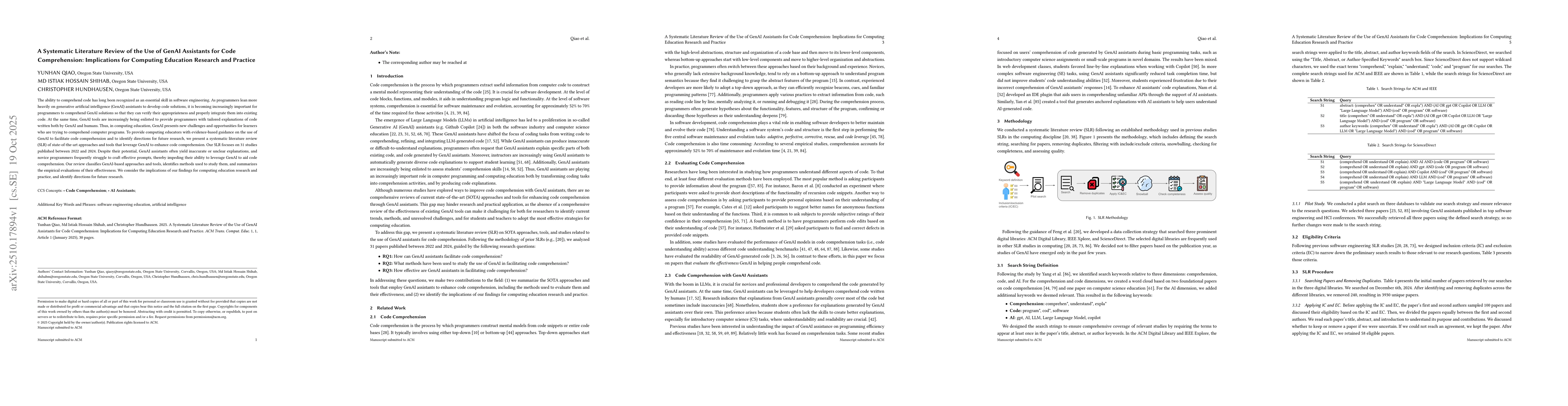 Thumbnail for A Systematic Literature Review of the Use of GenAI Assistants for Code
  Comprehension: Implications for Computing Education Research and Practice