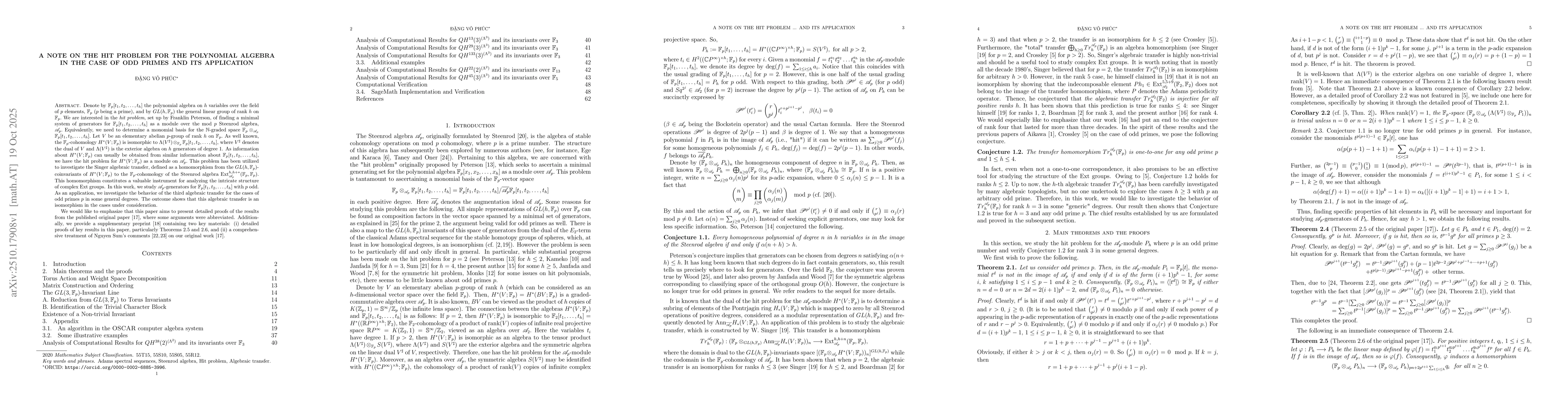 Thumbnail for A note on the hit problem for the polynomial algebra in the case of odd
  primes and its application