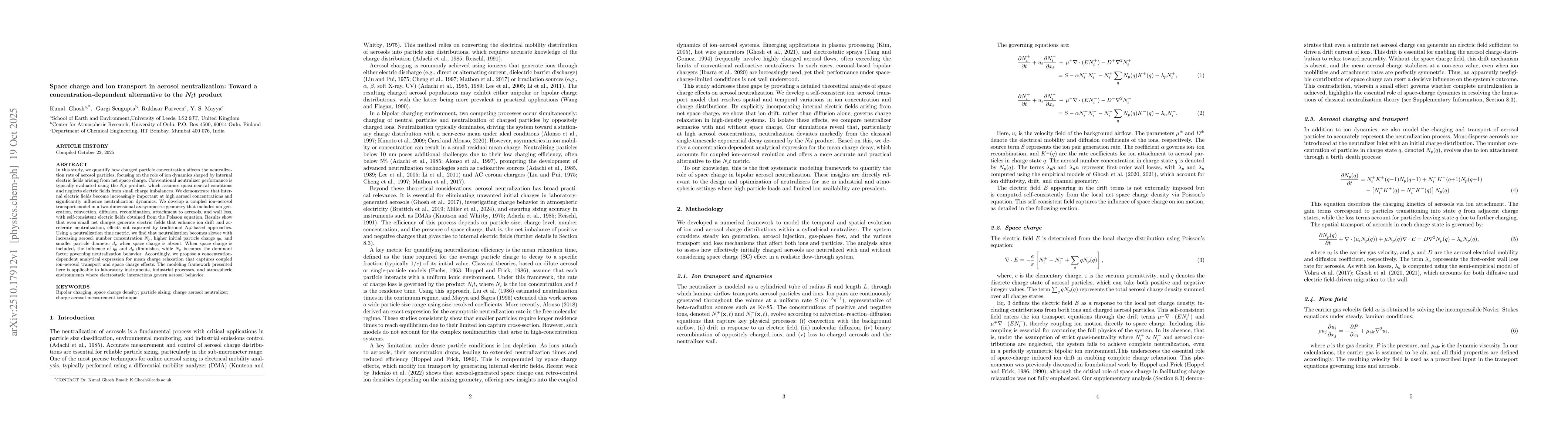 Thumbnail for Space charge and ion transport in aerosol neutralization: Toward a
  concentration-dependent alternative to the $N_it$ product