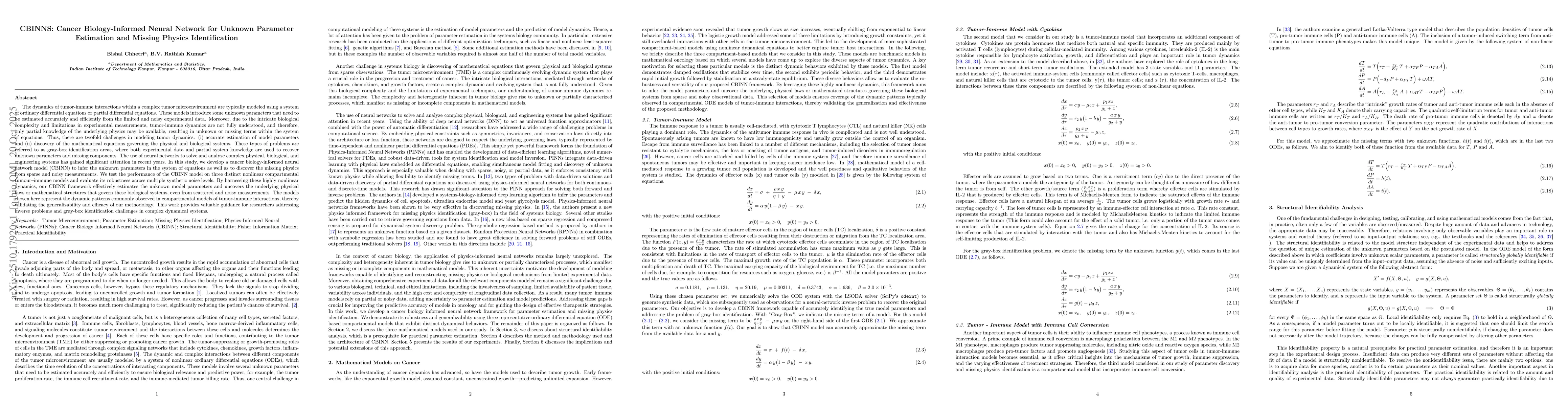 Thumbnail for CBINNS: Cancer Biology-Informed Neural Network for Unknown Parameter
  Estimation and Missing Physics Identification