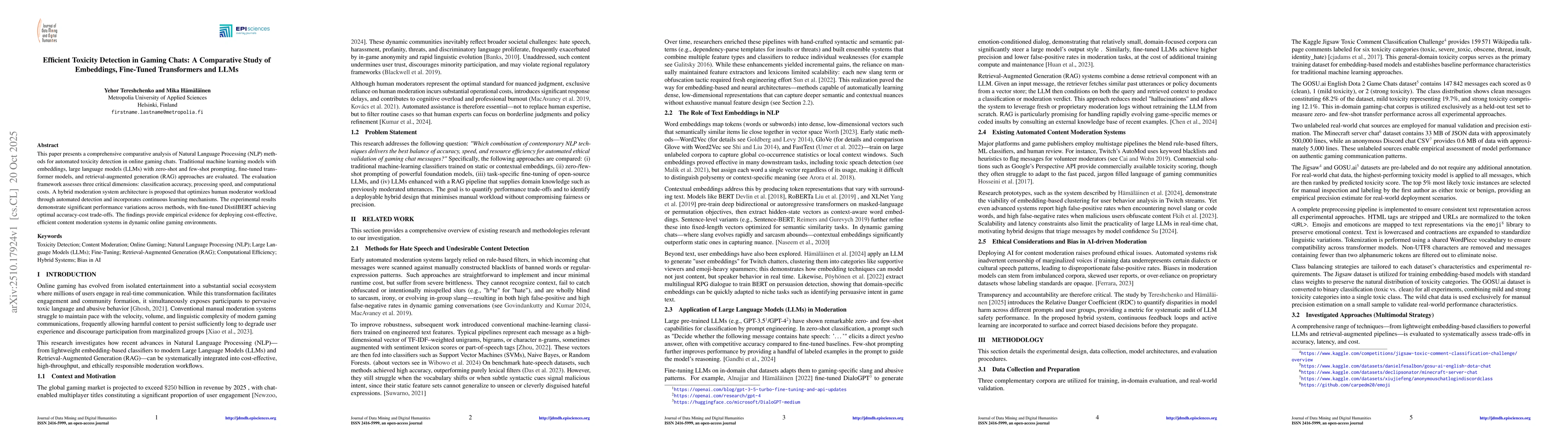 Thumbnail for Efficient Toxicity Detection in Gaming Chats: A Comparative Study of
  Embeddings, Fine-Tuned Transformers and LLMs