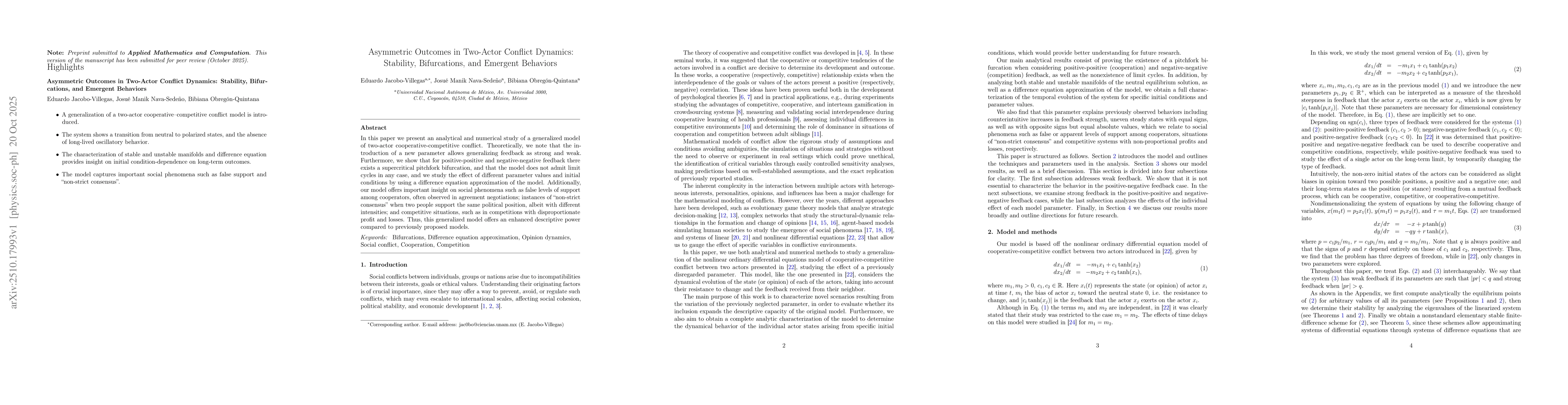 Thumbnail for Asymmetric Outcomes in Two-Actor Conflict Dynamics: Stability,
  Bifurcations, and Emergent Behaviors