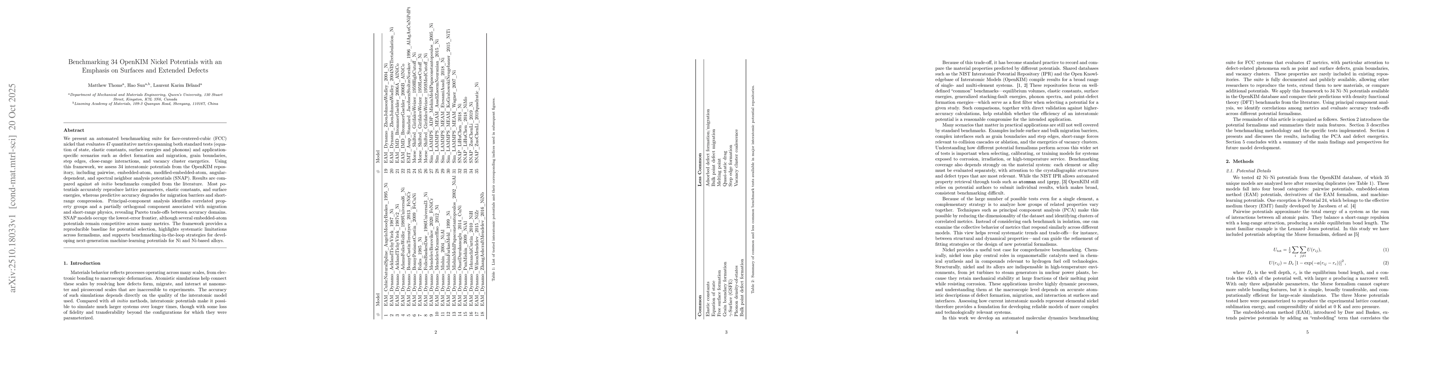 Thumbnail for Benchmarking 34 OpenKIM Nickel Potentials with an Emphasis on Surfaces
  and Extended Defects
