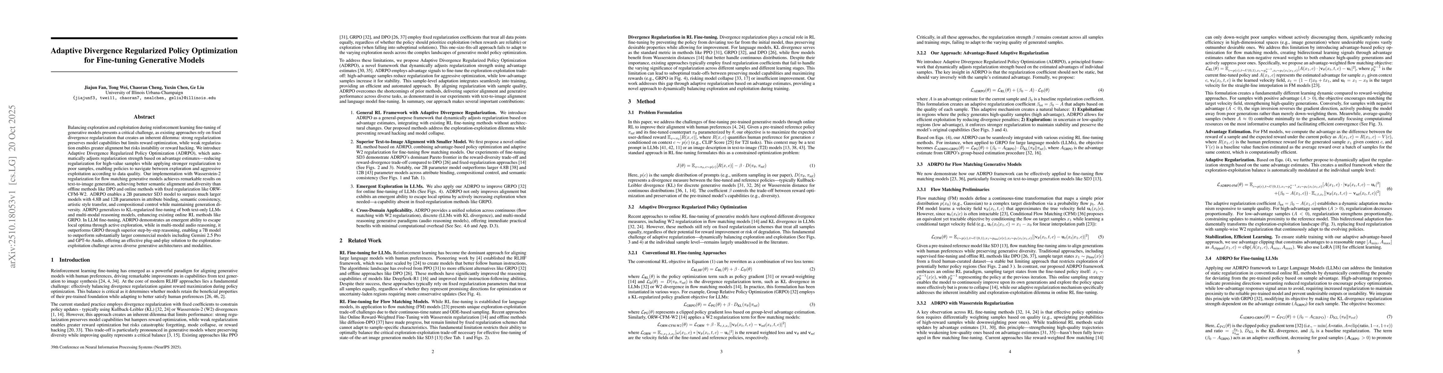 Thumbnail for Adaptive Divergence Regularized Policy Optimization for Fine-tuning
  Generative Models