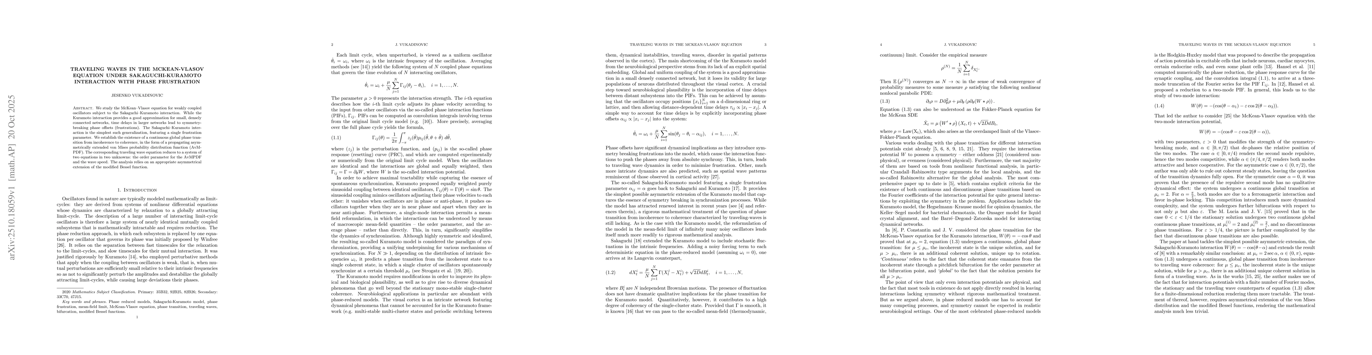 Thumbnail for Traveling Waves in the McKean-Vlasov Equation under Sakaguchi-Kuramoto
  Interaction with Phase Frustration