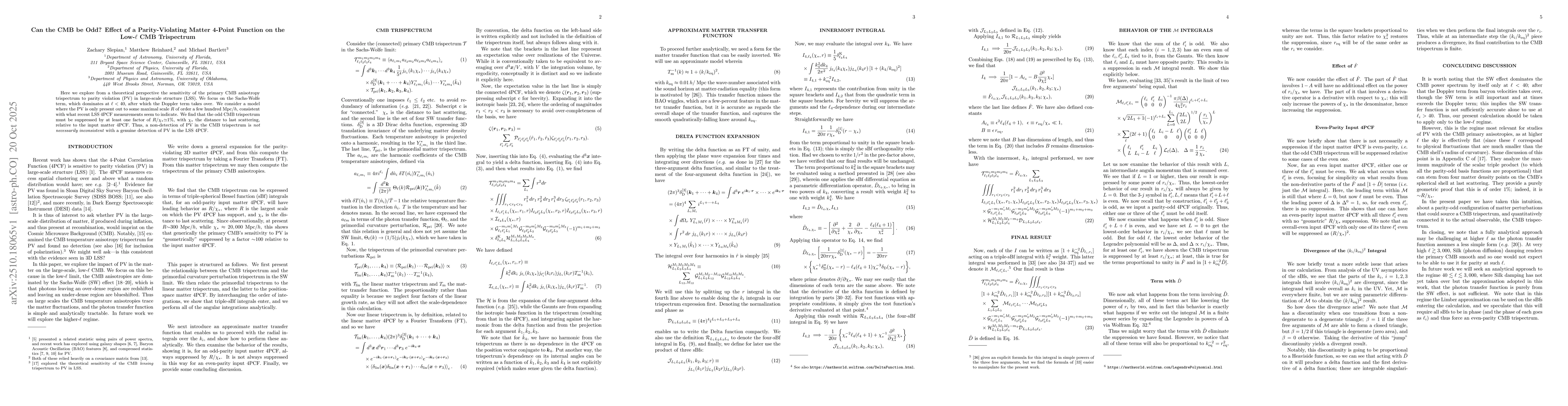 Thumbnail for Can the CMB be Odd? Effect of a Parity-Violating Matter 4-Point Function
  on the Low-$\ell$ CMB Trispectrum