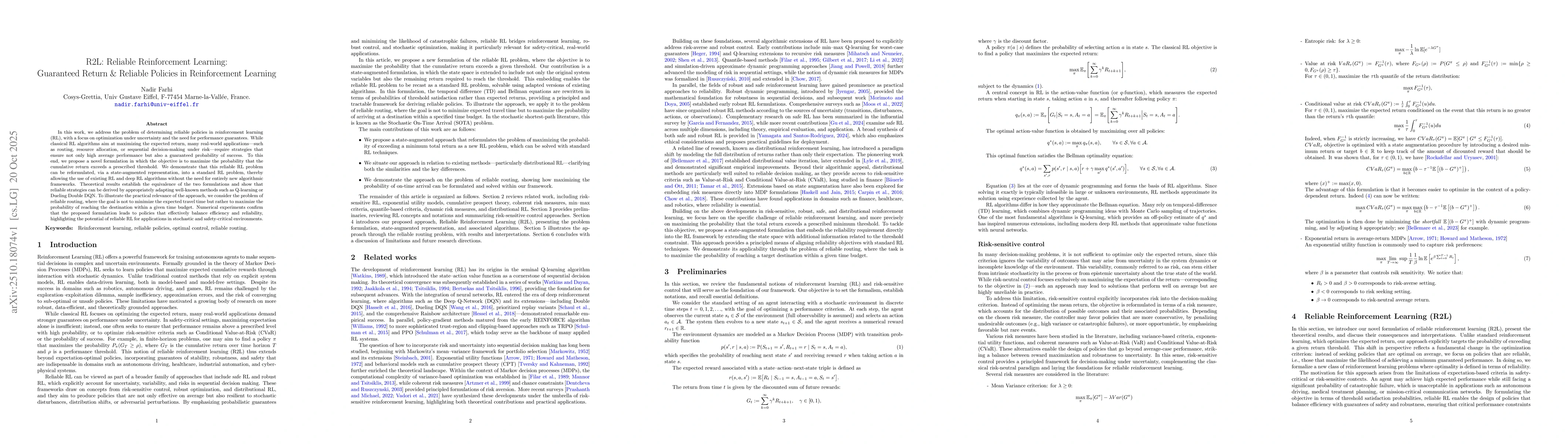 Thumbnail for R2L: Reliable Reinforcement Learning: Guaranteed Return & Reliable
  Policies in Reinforcement Learning