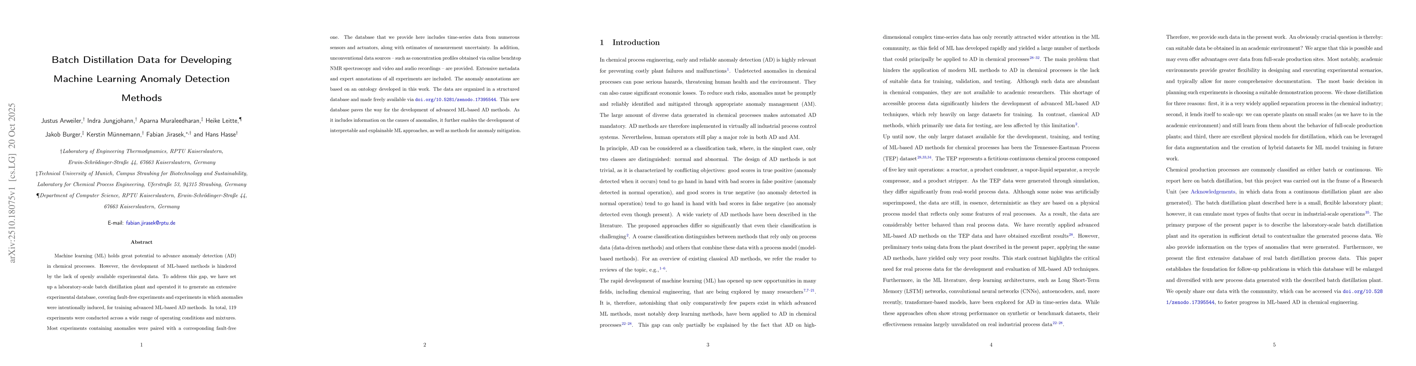 Thumbnail for Batch Distillation Data for Developing Machine Learning Anomaly
  Detection Methods