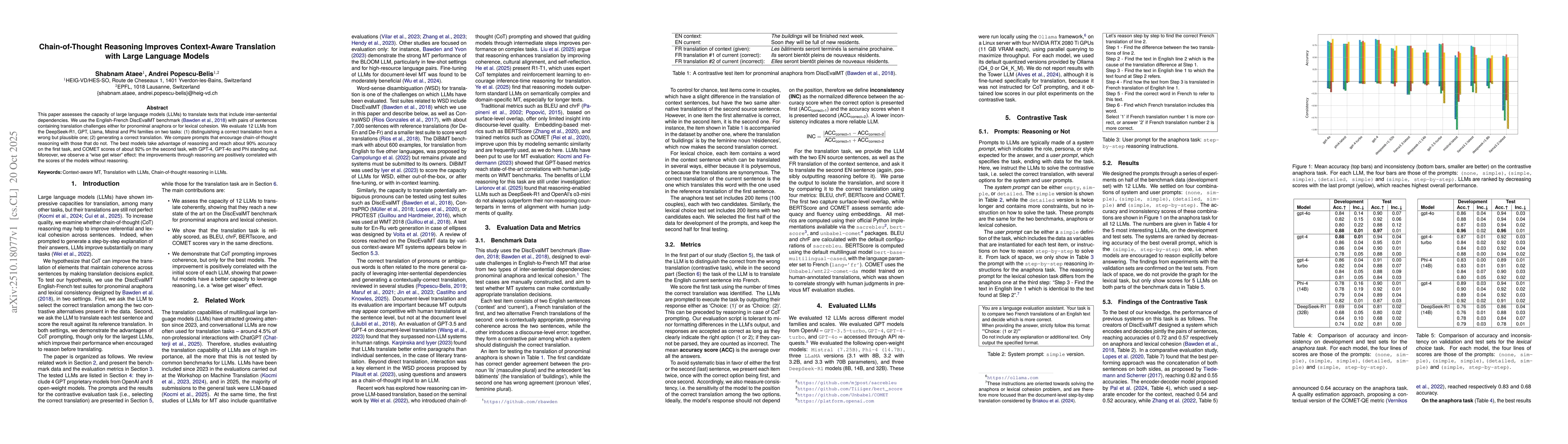Thumbnail for Chain-of-Thought Reasoning Improves Context-Aware Translation with Large
  Language Models
