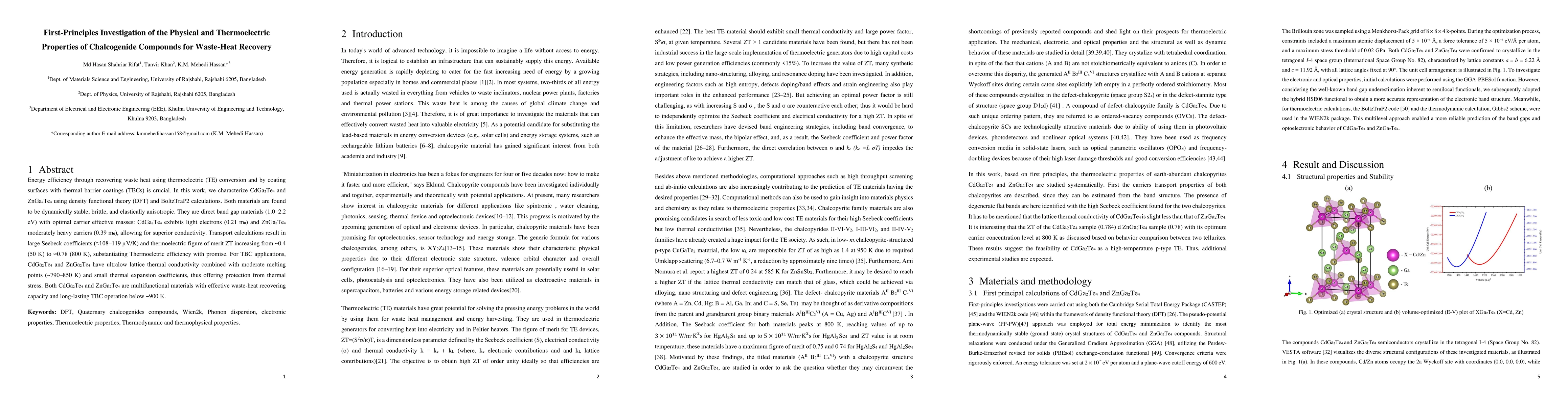 Thumbnail for First-Principles Investigation of the Physical and Thermoelectric
  Properties of Chalcogenide Compounds for Waste-Heat Recovery
