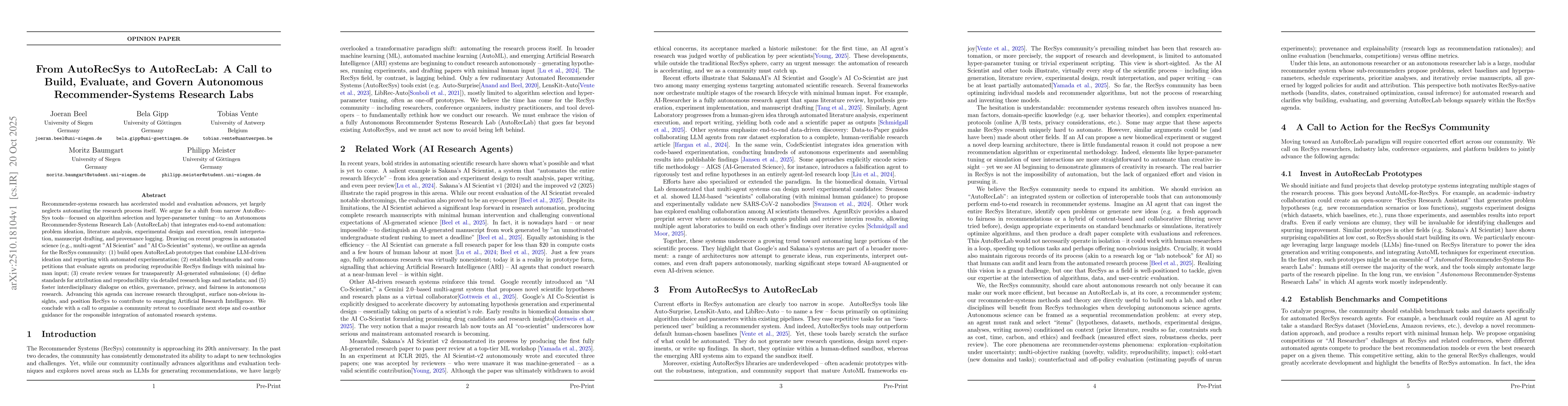 Thumbnail for From AutoRecSys to AutoRecLab: A Call to Build, Evaluate, and Govern
  Autonomous Recommender-Systems Research Labs