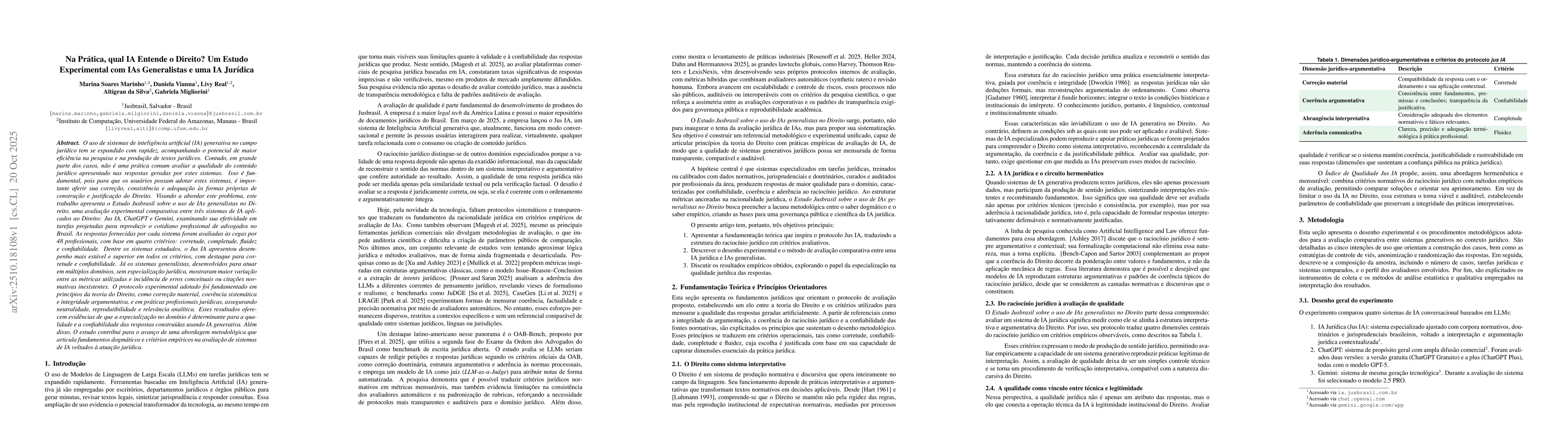 Thumbnail for Na Prática, qual IA Entende o Direito? Um Estudo Experimental com IAs
  Generalistas e uma IA Jurídica