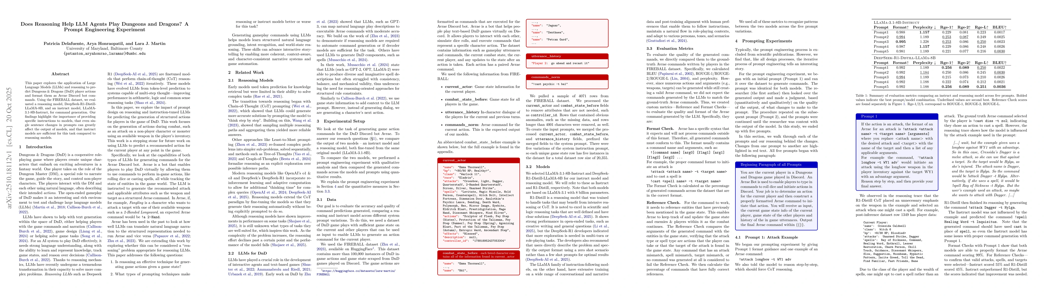 Thumbnail for Does Reasoning Help LLM Agents Play Dungeons and Dragons? A Prompt
  Engineering Experiment