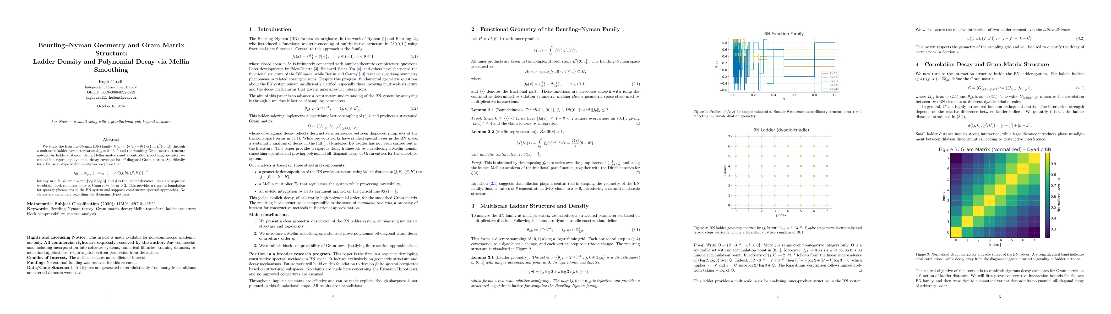 Thumbnail for Beurling Nyman Geometry and Gram Matrix Structure, Ladder Density and
  Polynomial Decay via Mellin Smoothing