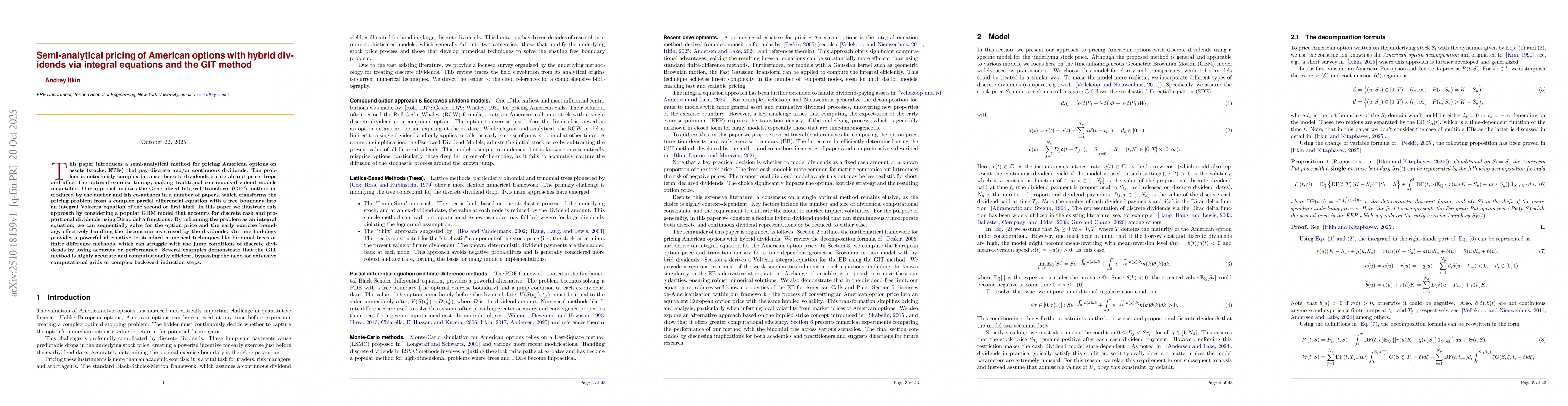 Thumbnail for Semi-analytical pricing of American options with hybrid dividends via
  integral equations and the GIT method