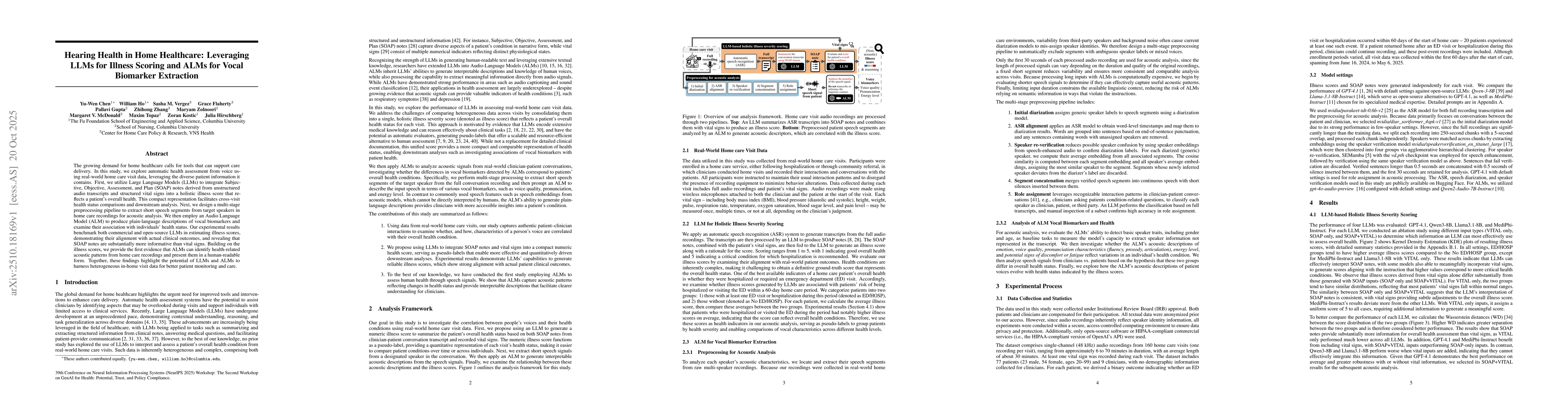 Thumbnail for Hearing Health in Home Healthcare: Leveraging LLMs for Illness Scoring
  and ALMs for Vocal Biomarker Extraction