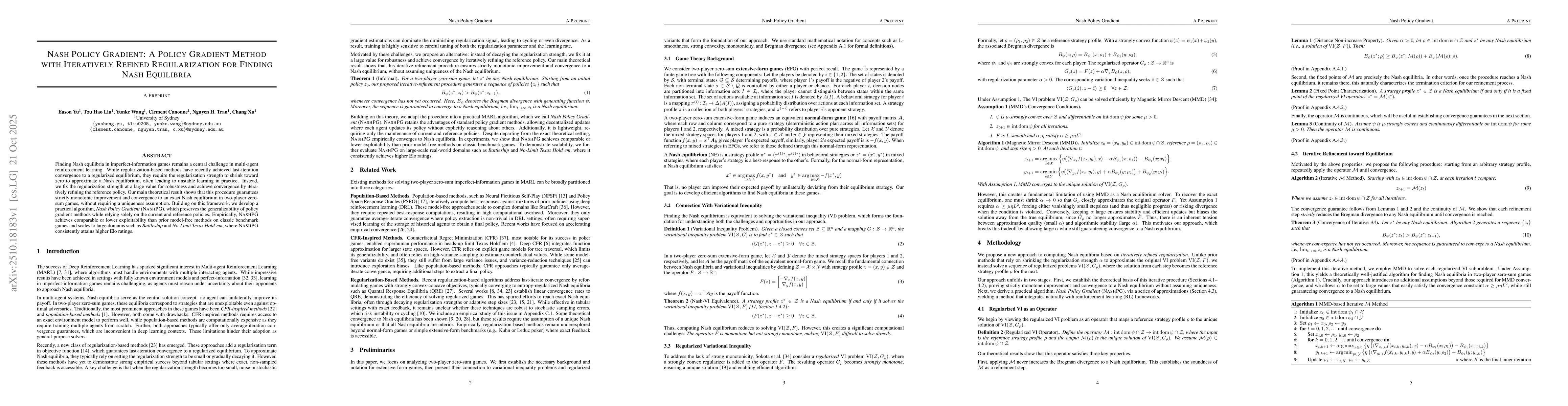 Thumbnail for Nash Policy Gradient: A Policy Gradient Method with Iteratively Refined
  Regularization for Finding Nash Equilibria