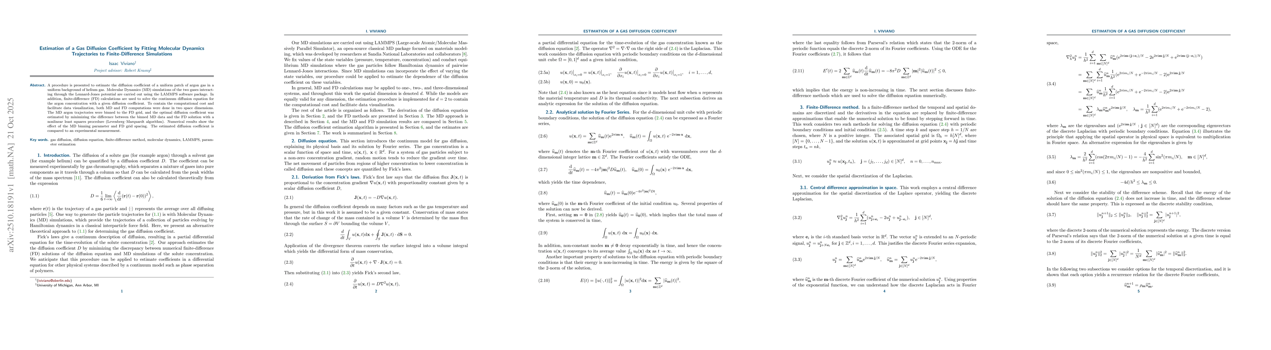 Thumbnail for Estimation of a Gas Diffusion Coefficient by Fitting Molecular Dynamics
  Trajectories to Finite-Difference Simulations