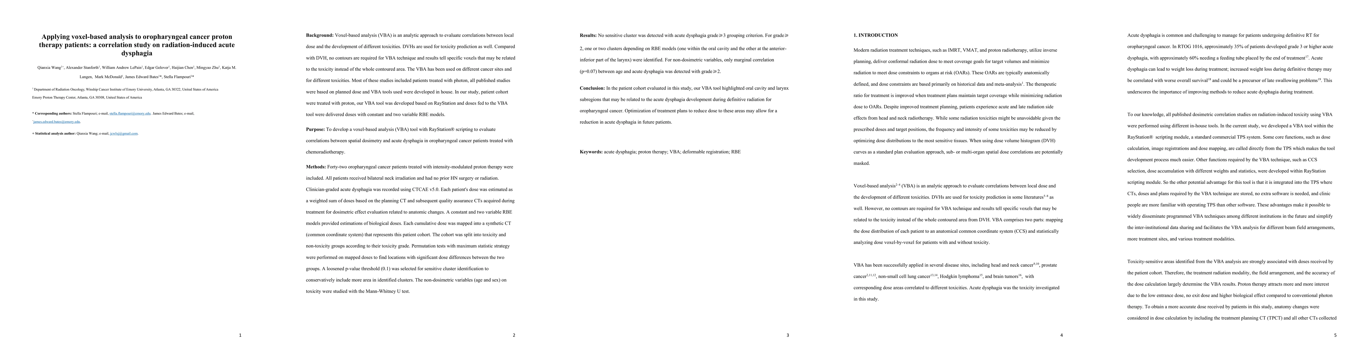 Thumbnail for Applying voxel-based analysis to oropharyngeal cancer proton therapy
  patients: a correlation study on radiation-induced acute dysphagia