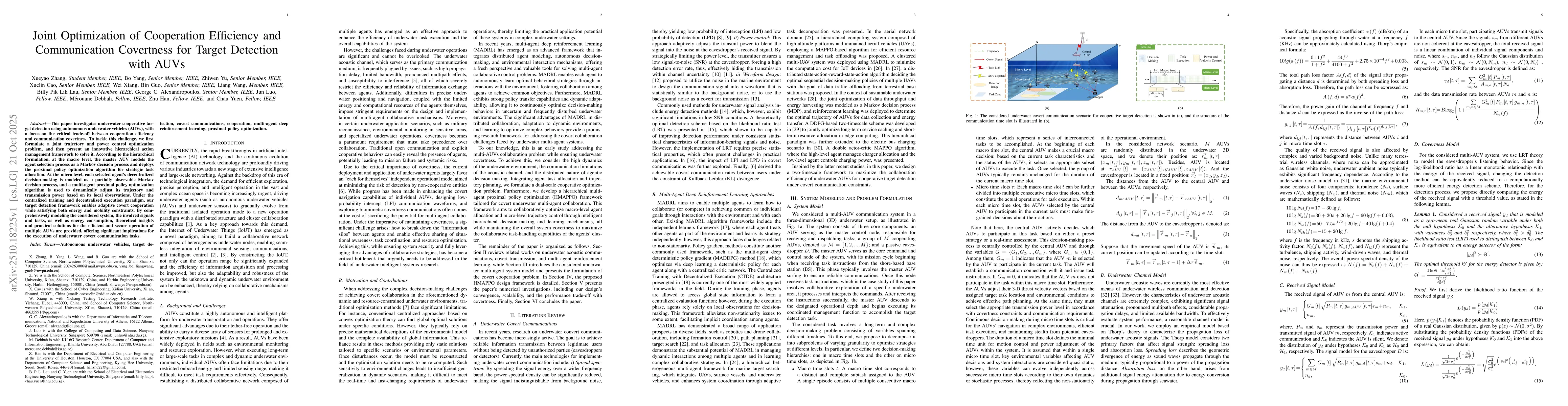 Thumbnail for Joint Optimization of Cooperation Efficiency and Communication
  Covertness for Target Detection with AUVs