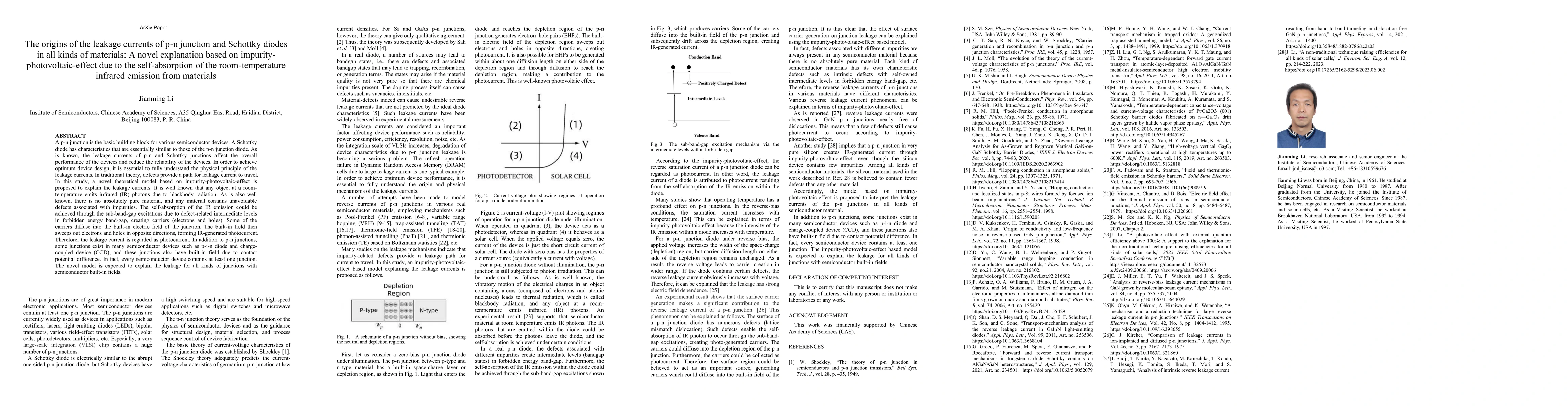 Thumbnail for The origins of the leakage currents of p-n junction and Schottky diodes
  in all kinds of materials: A novel explanation based on
  impurity-photovoltaic-effect due to the self-absorption of the
  room-temperature infrared emission from materials