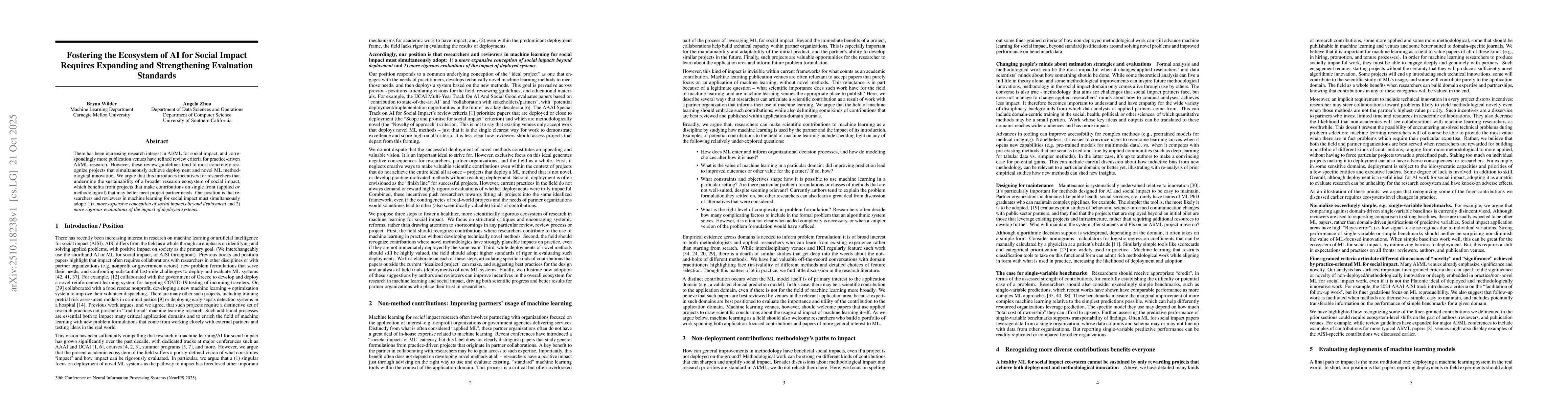 Thumbnail for Fostering the Ecosystem of AI for Social Impact Requires Expanding and
  Strengthening Evaluation Standards