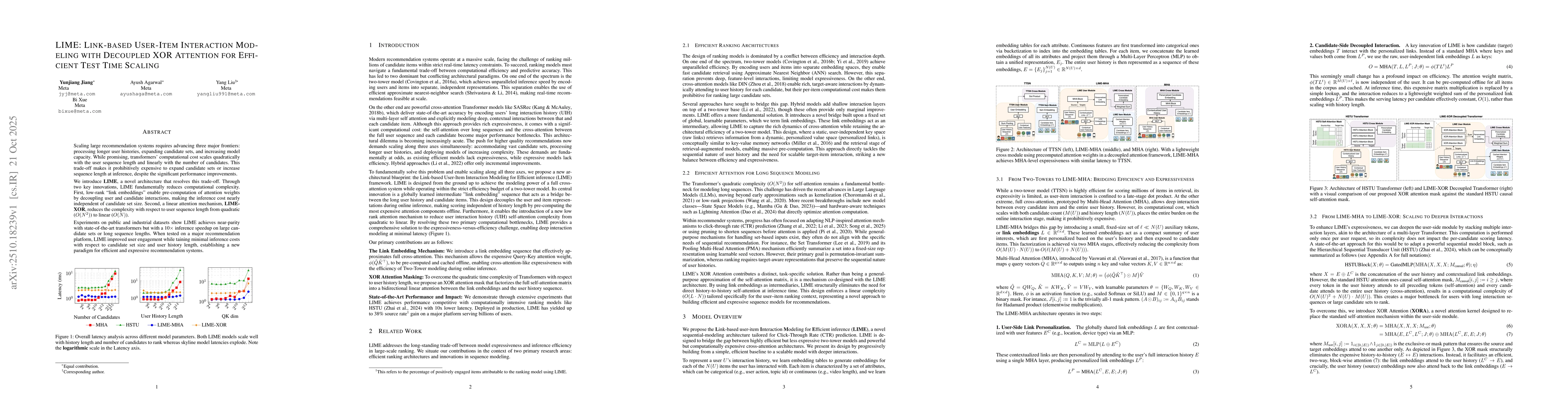 Thumbnail for LIME: Link-based user-item Interaction Modeling with decoupled xor
  attention for Efficient test time scaling