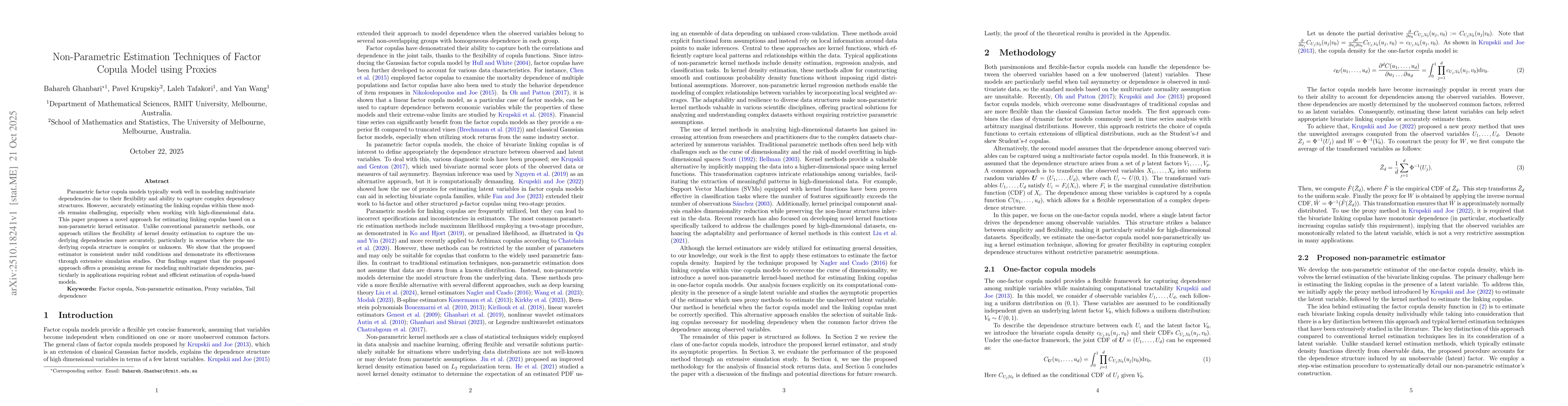 Thumbnail for Non-Parametric Estimation Techniques of Factor Copula Model using
  Proxies