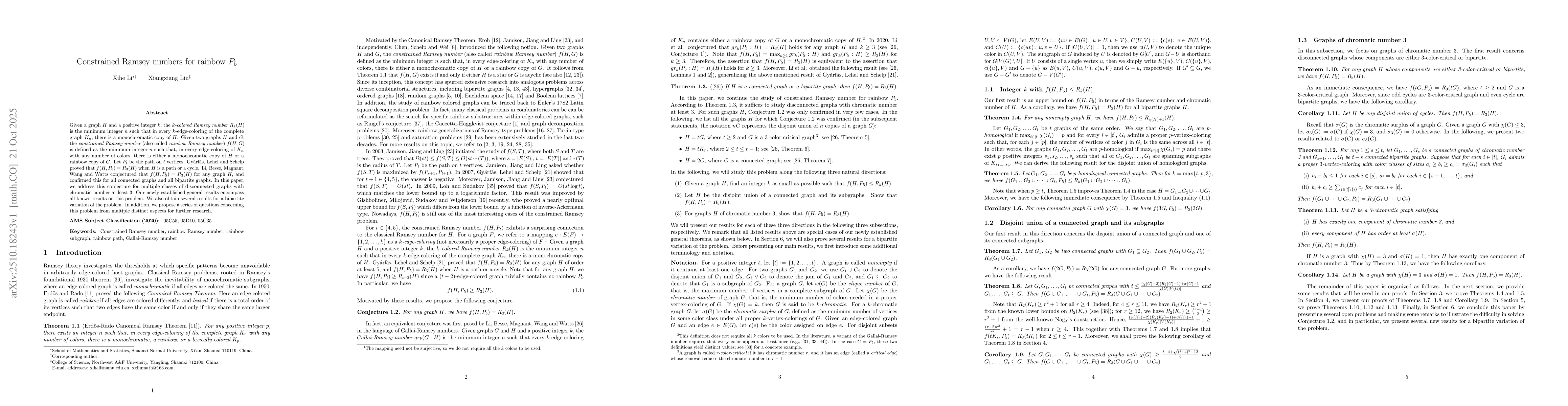 Thumbnail for Constrained Ramsey numbers for rainbow $P_5$