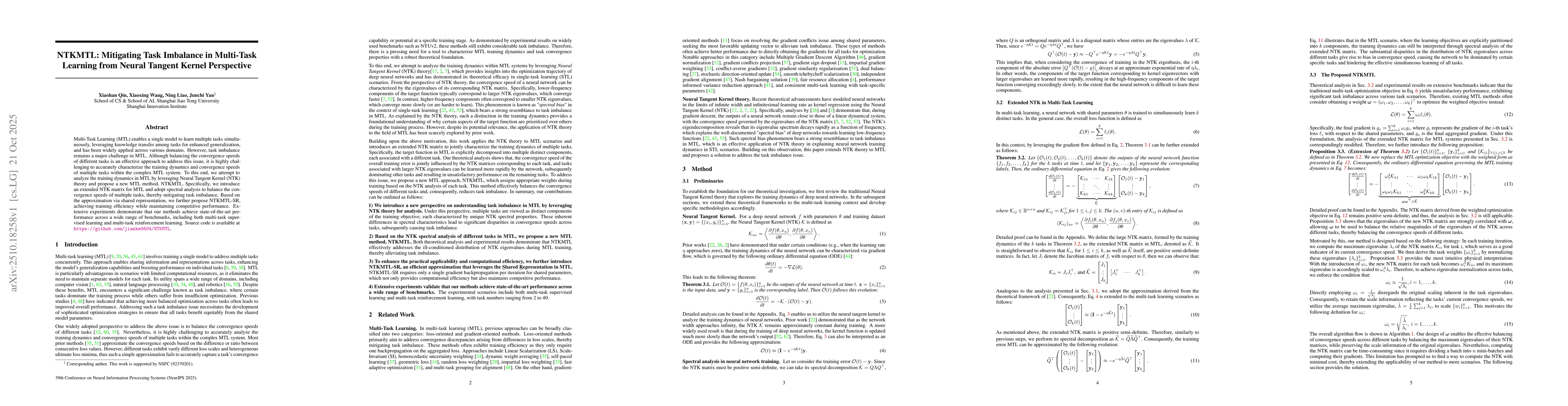 Thumbnail for NTKMTL: Mitigating Task Imbalance in Multi-Task Learning from Neural
  Tangent Kernel Perspective