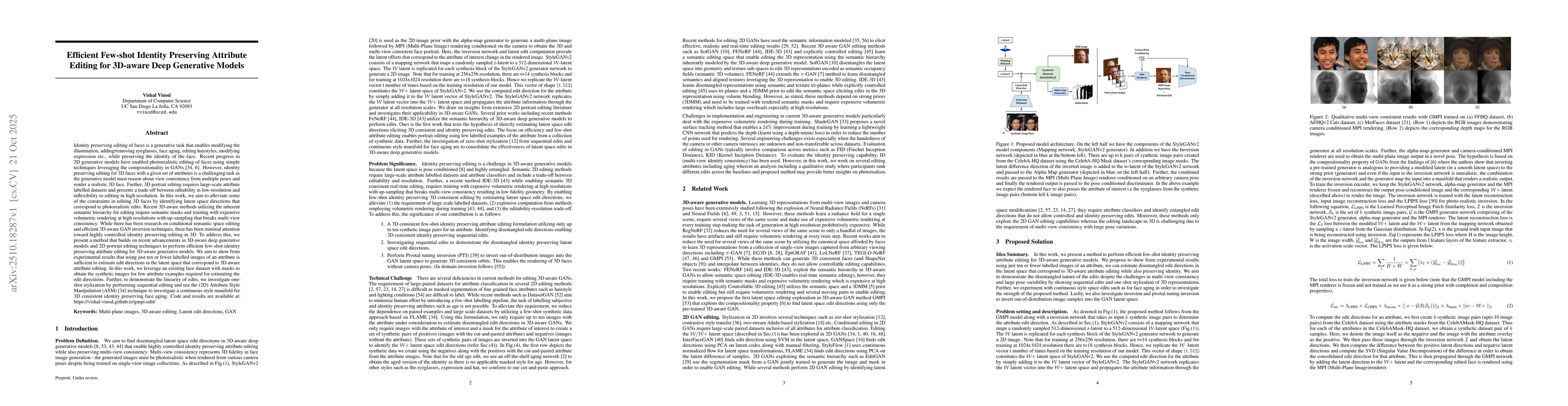 Thumbnail for Efficient Few-shot Identity Preserving Attribute Editing for 3D-aware
  Deep Generative Models