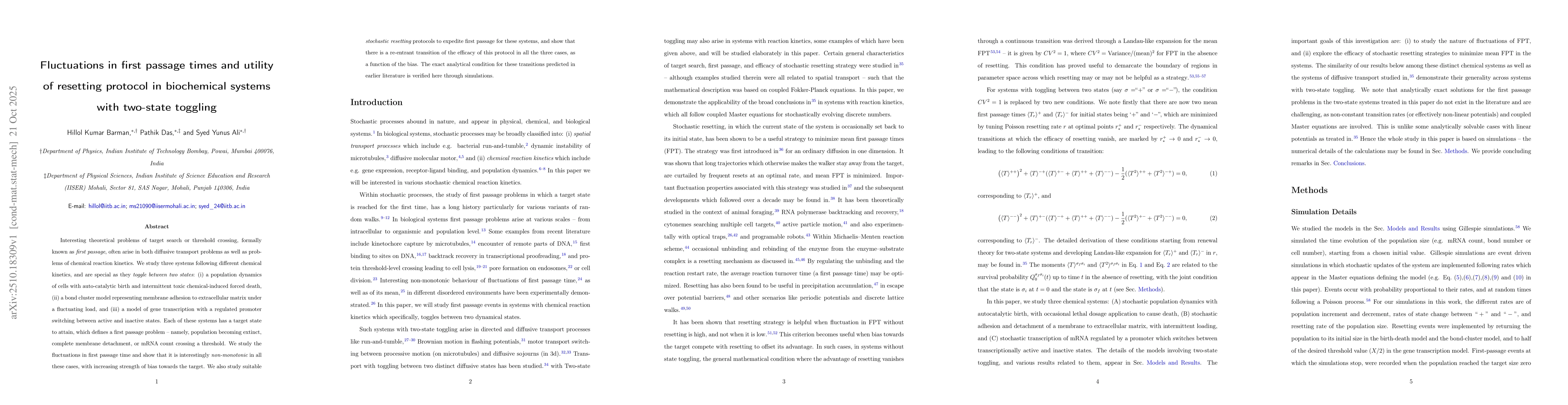 Thumbnail for Fluctuations in first passage times and utility of resetting protocol in
  biochemical systems with two-state toggling