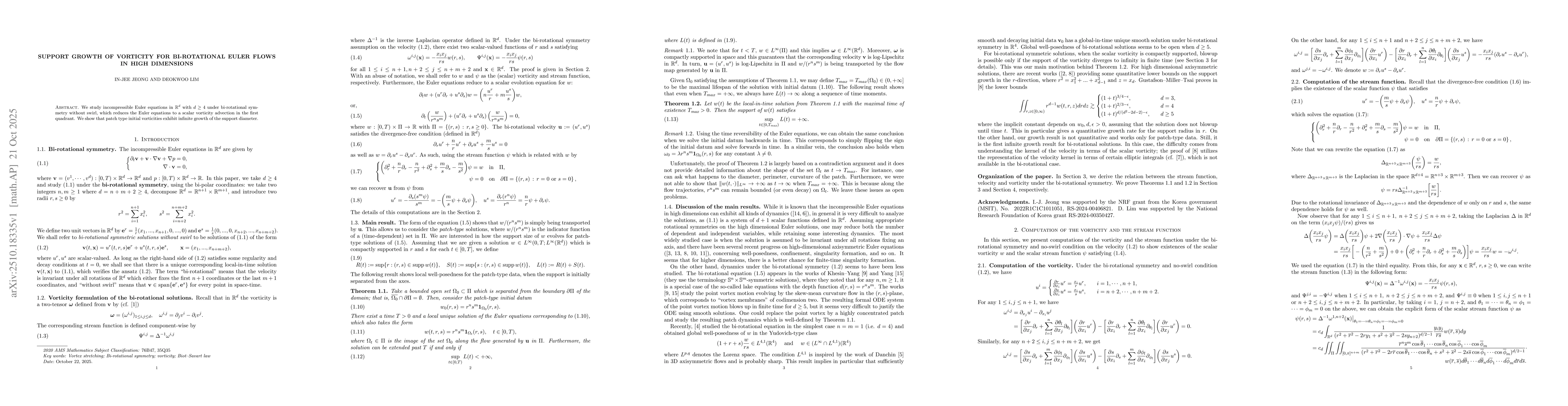 Thumbnail for Support growth of vorticity for bi-rotational Euler flows in high
  dimensions