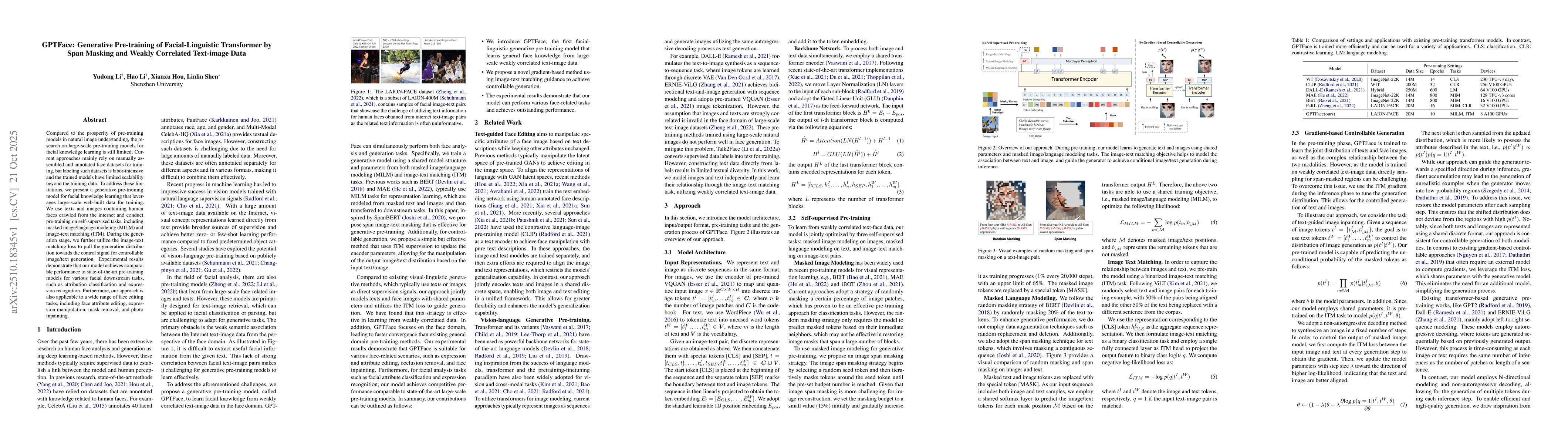 Thumbnail for GPTFace: Generative Pre-training of Facial-Linguistic Transformer by
  Span Masking and Weakly Correlated Text-image Data