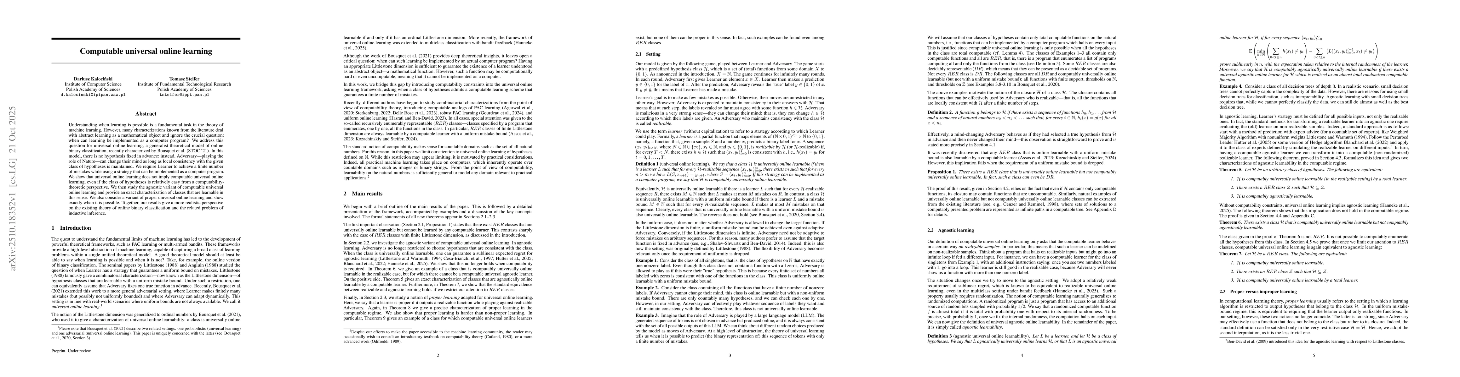 Thumbnail for Computable universal online learning