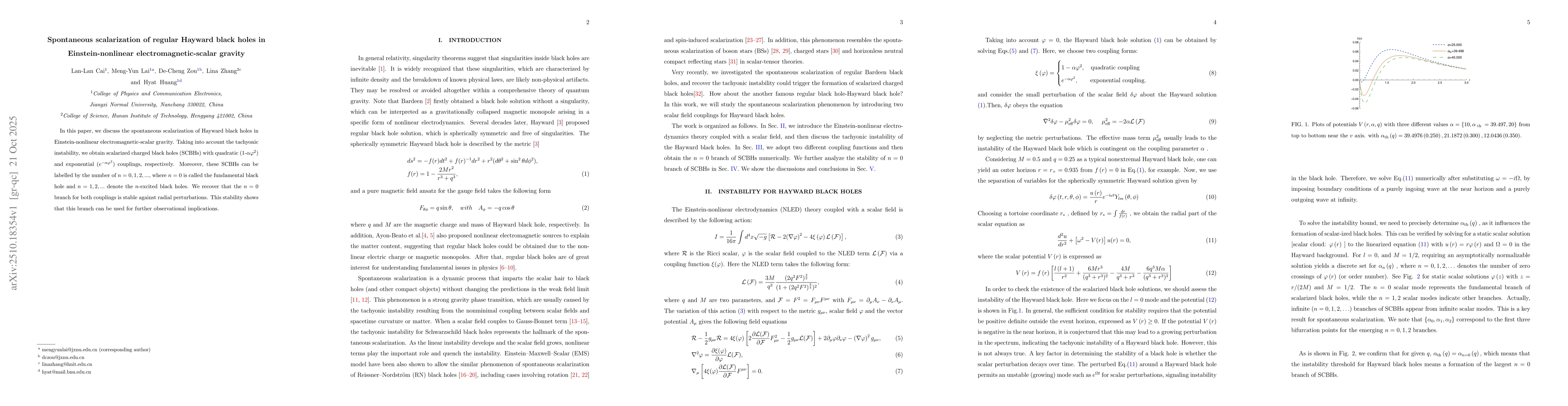 Thumbnail for Spontaneous scalarization of regular Hayward black holes in
  Einstein-nonlinear electromagnetic-scalar gravity