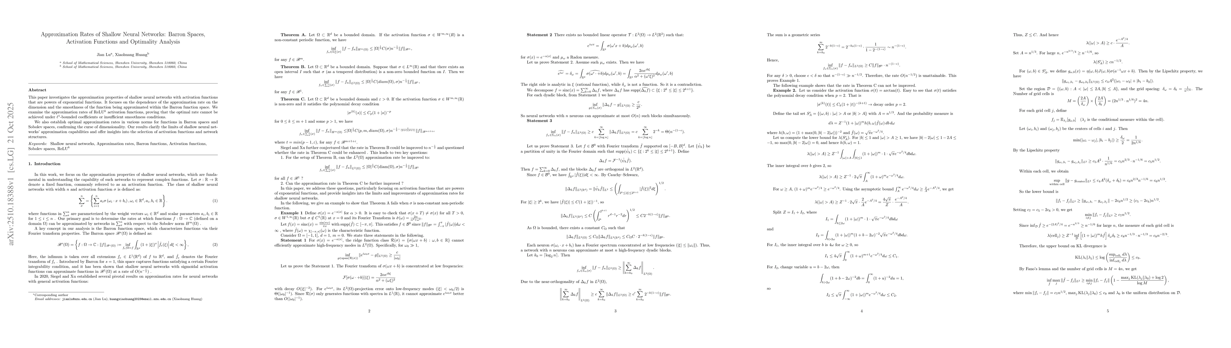 Thumbnail for Approximation Rates of Shallow Neural Networks: Barron Spaces,
  Activation Functions and Optimality Analysis