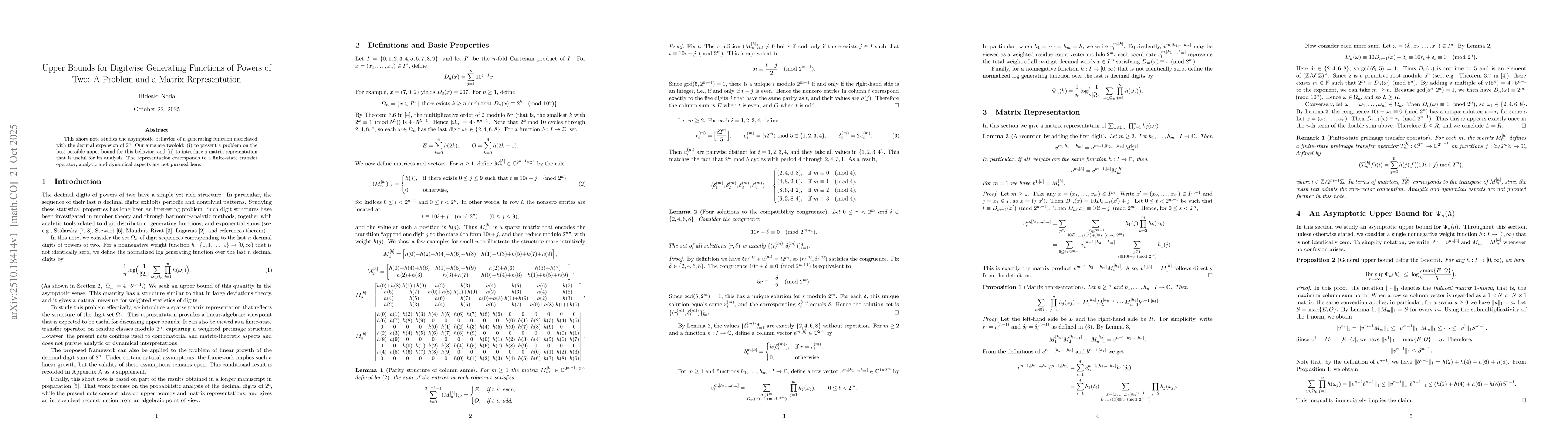 Thumbnail for Upper Bounds for Digitwise Generating Functions of Powers of Two: A
  Problem and a Matrix Representation