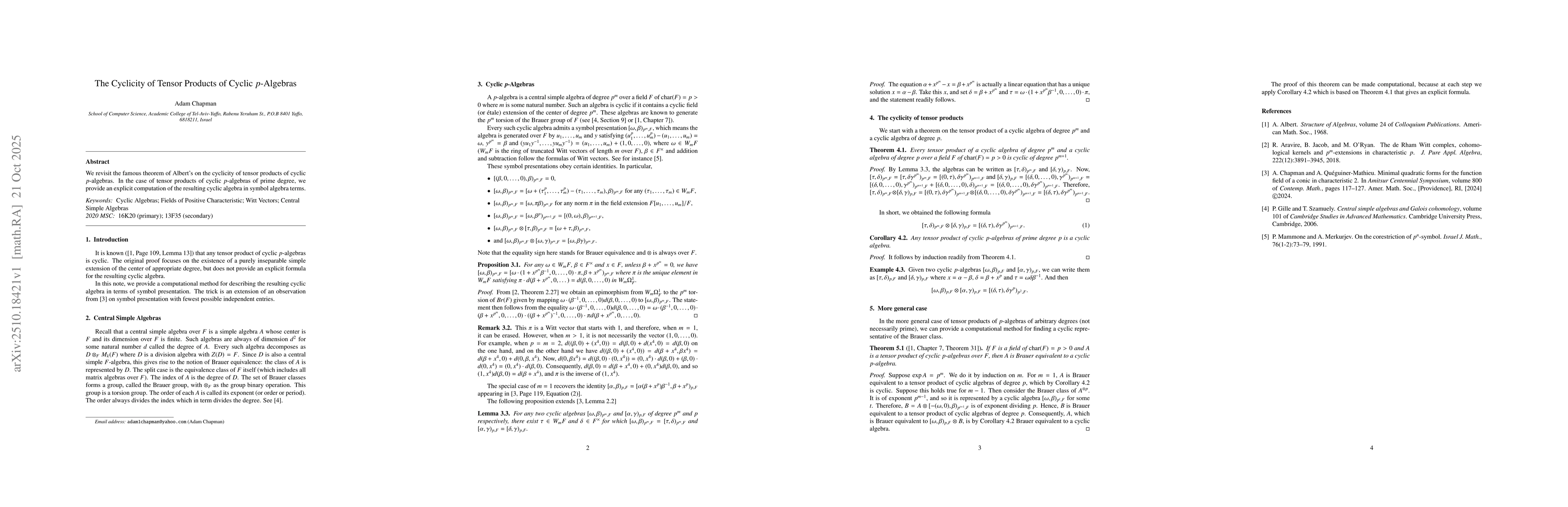 Thumbnail for The Cyclicity of Tensor Products of Cyclic $p$-Algebras