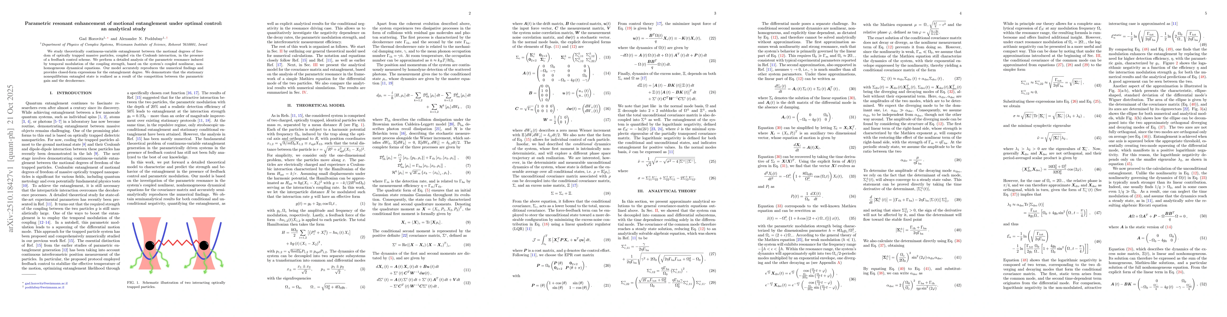 Thumbnail for Parametric resonant enhancement of motional entanglement under optimal
  control: an analytical study