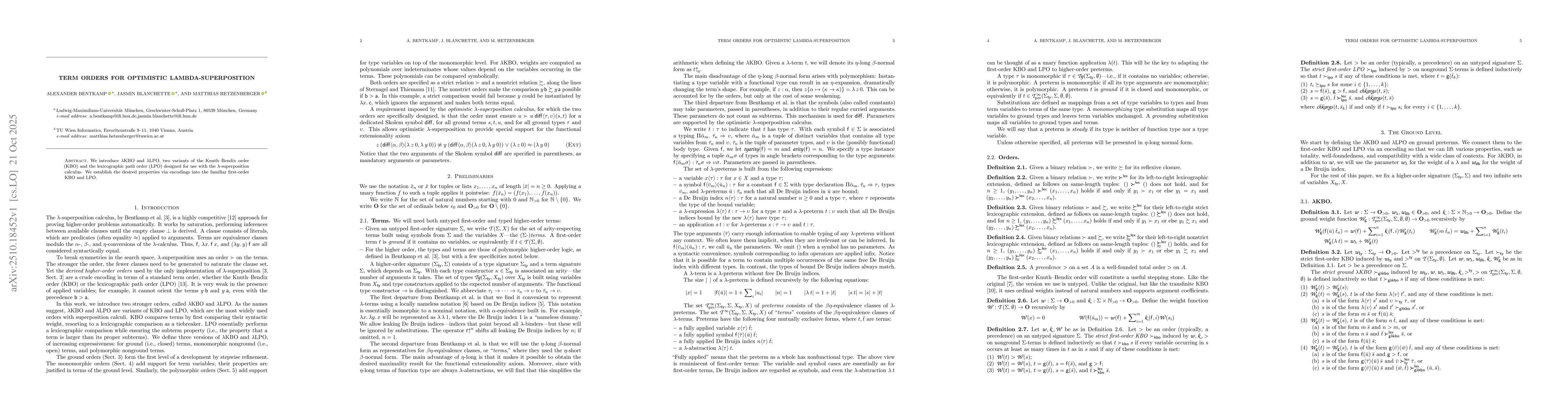 Thumbnail for Term Orders for Optimistic Lambda-Superposition