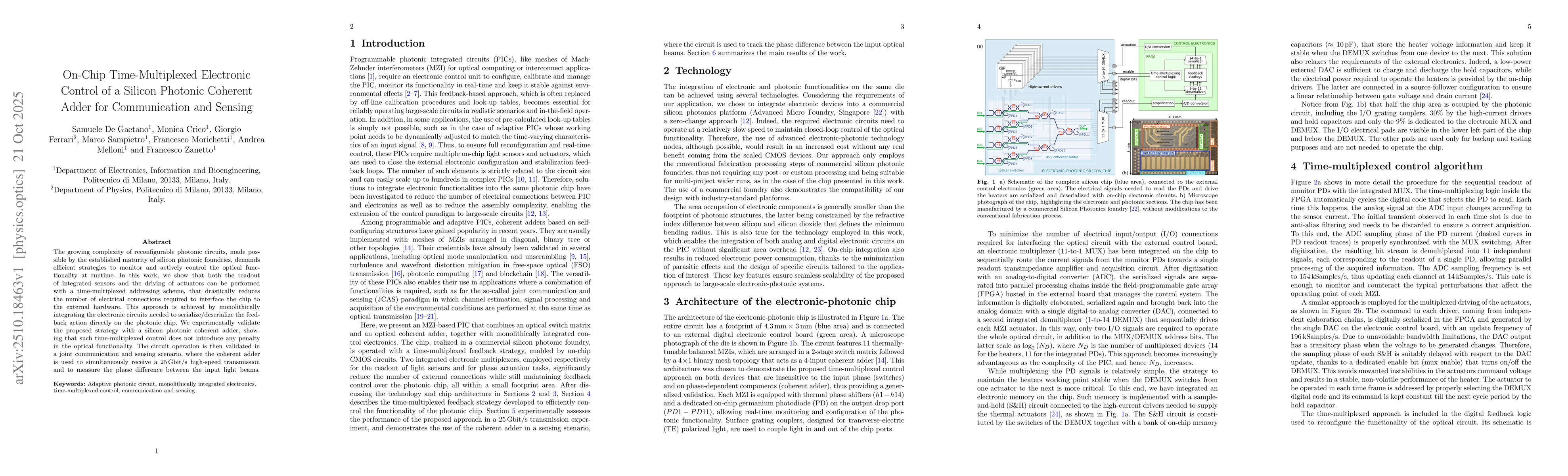 Thumbnail for On-Chip Time-Multiplexed Electronic Control of a Silicon Photonic
  Coherent Adder for Communication and Sensing