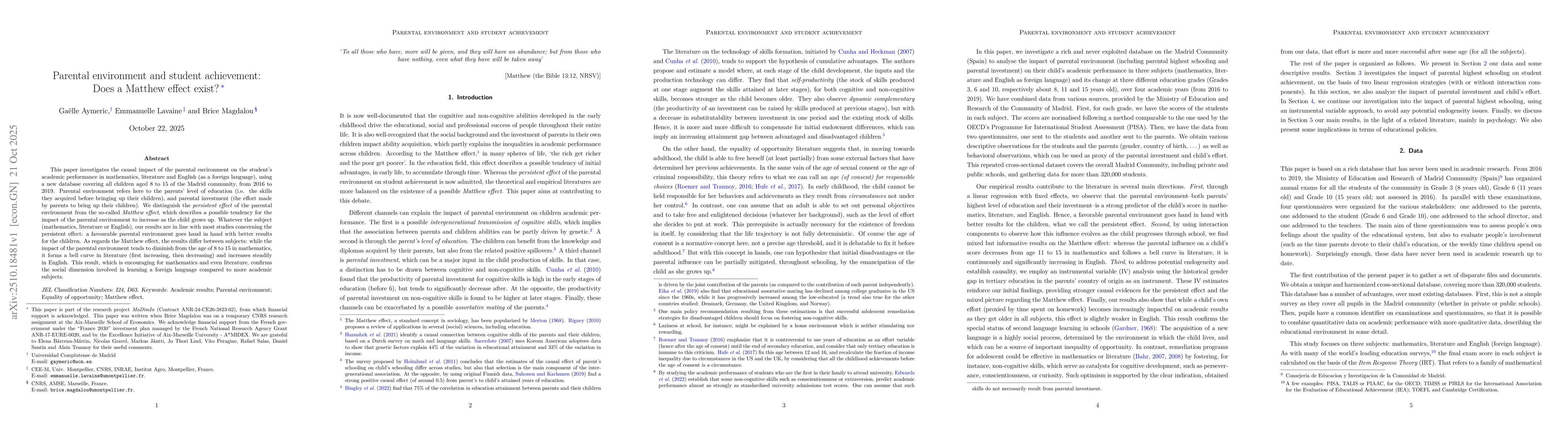 Thumbnail for Parental environment and student achievement: Does a Matthew effect
  exist?