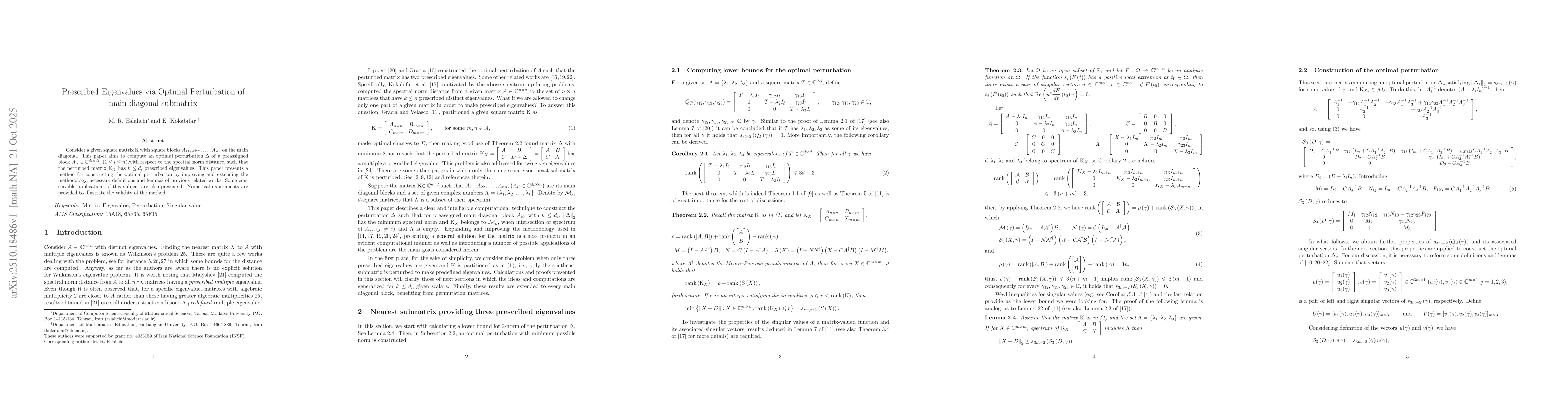 Thumbnail for Prescribed Eigenvalues via Optimal Perturbation of main-diagonal
  submatrix