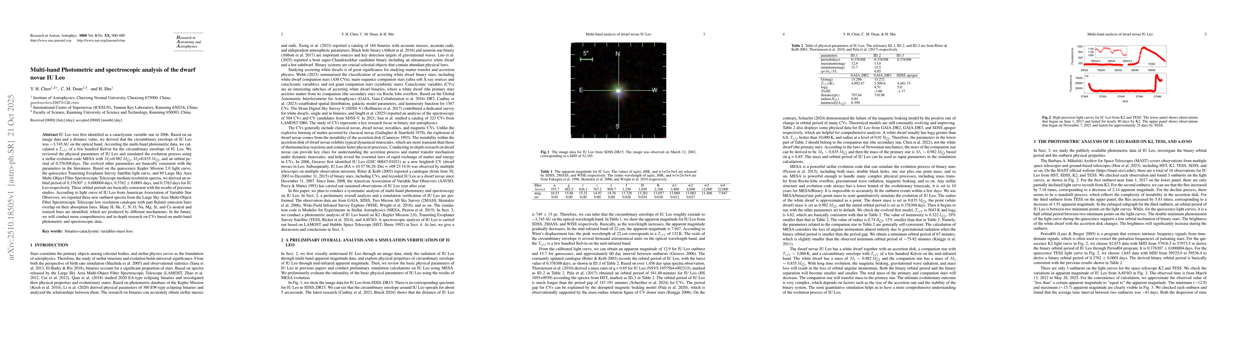 Thumbnail for Multi-band Photometric and spectroscopic analysis of the dwarf novae IU
  Leo