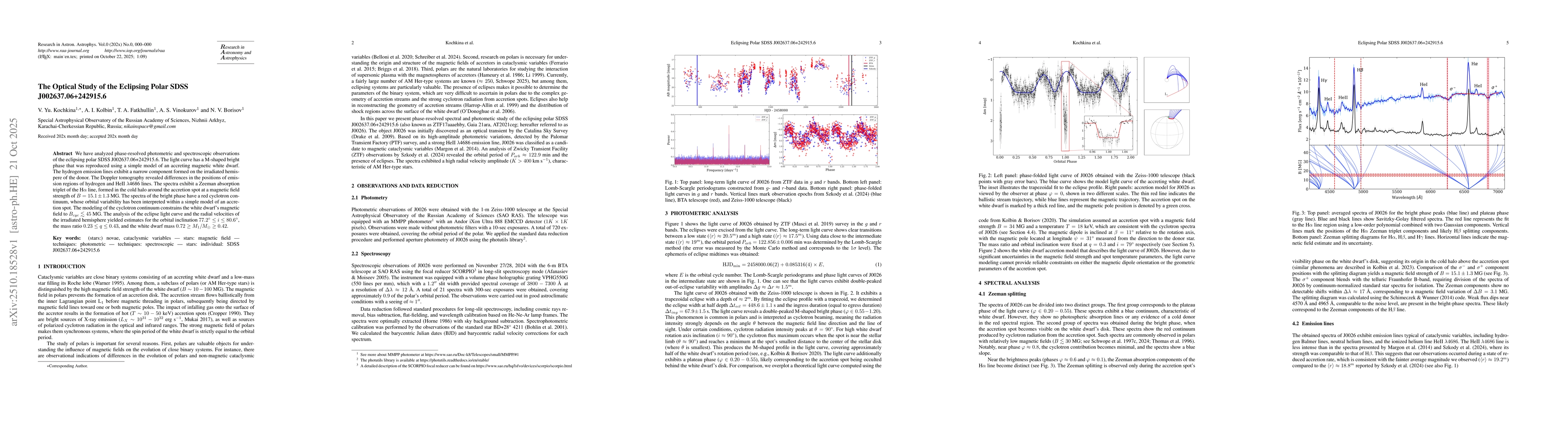 Thumbnail for The Optical Study of the Eclipsing Polar SDSS J002637.06+242915.6