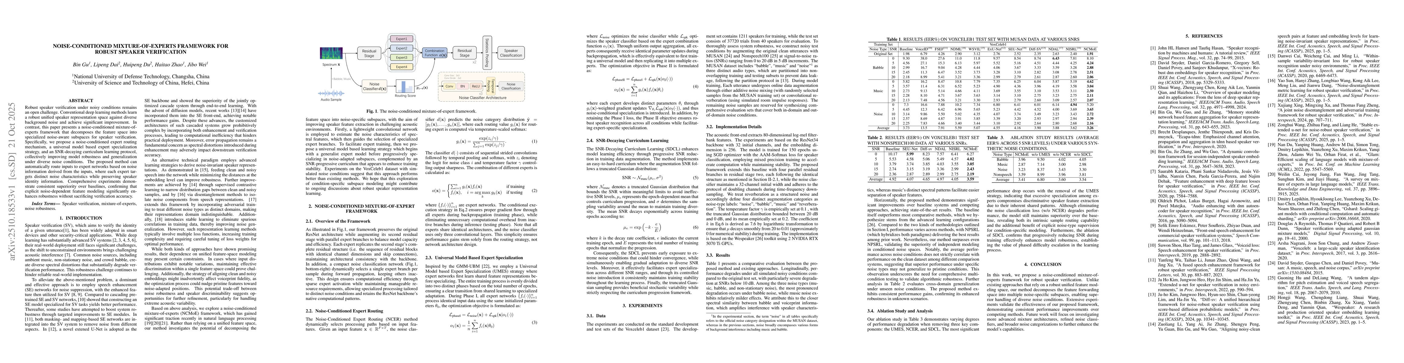 Thumbnail for Noise-Conditioned Mixture-of-Experts Framework for Robust Speaker
  Verification