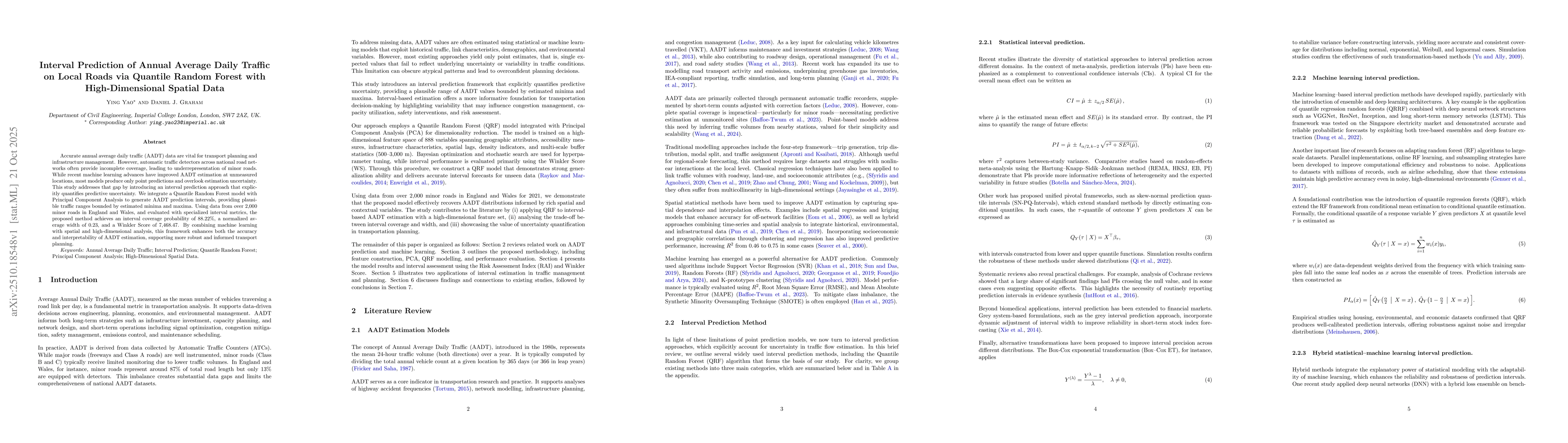 Thumbnail for Interval Prediction of Annual Average Daily Traffic on Local Roads via
  Quantile Random Forest with High-Dimensional Spatial Data